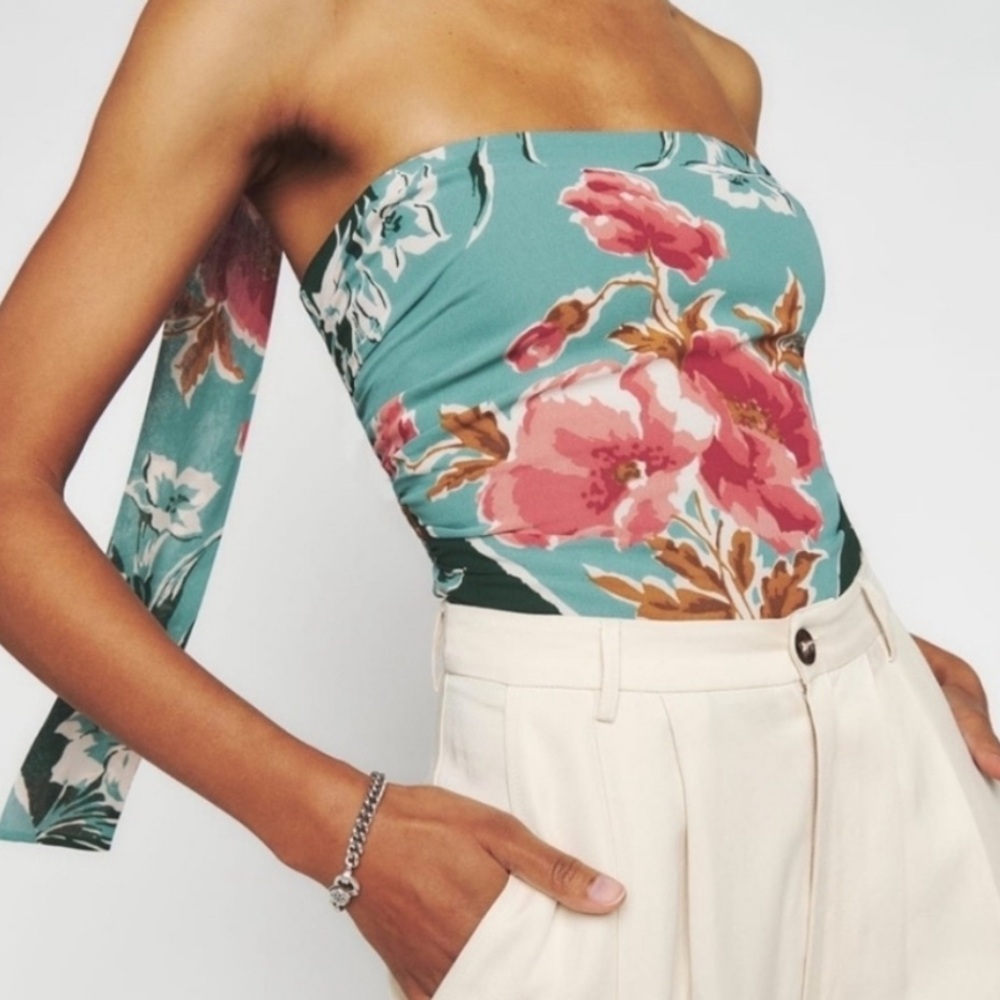Reformation Teal Green Strapless Floral Patterned Top
